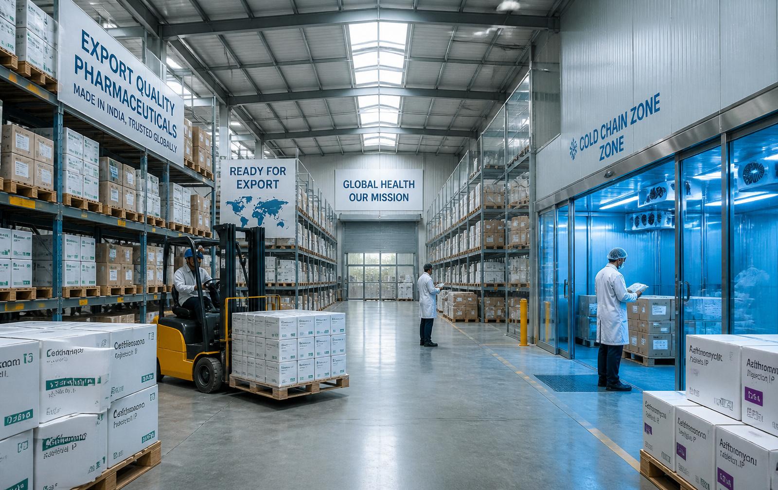 Pharmaceutical export warehouse with cold-chain zone
